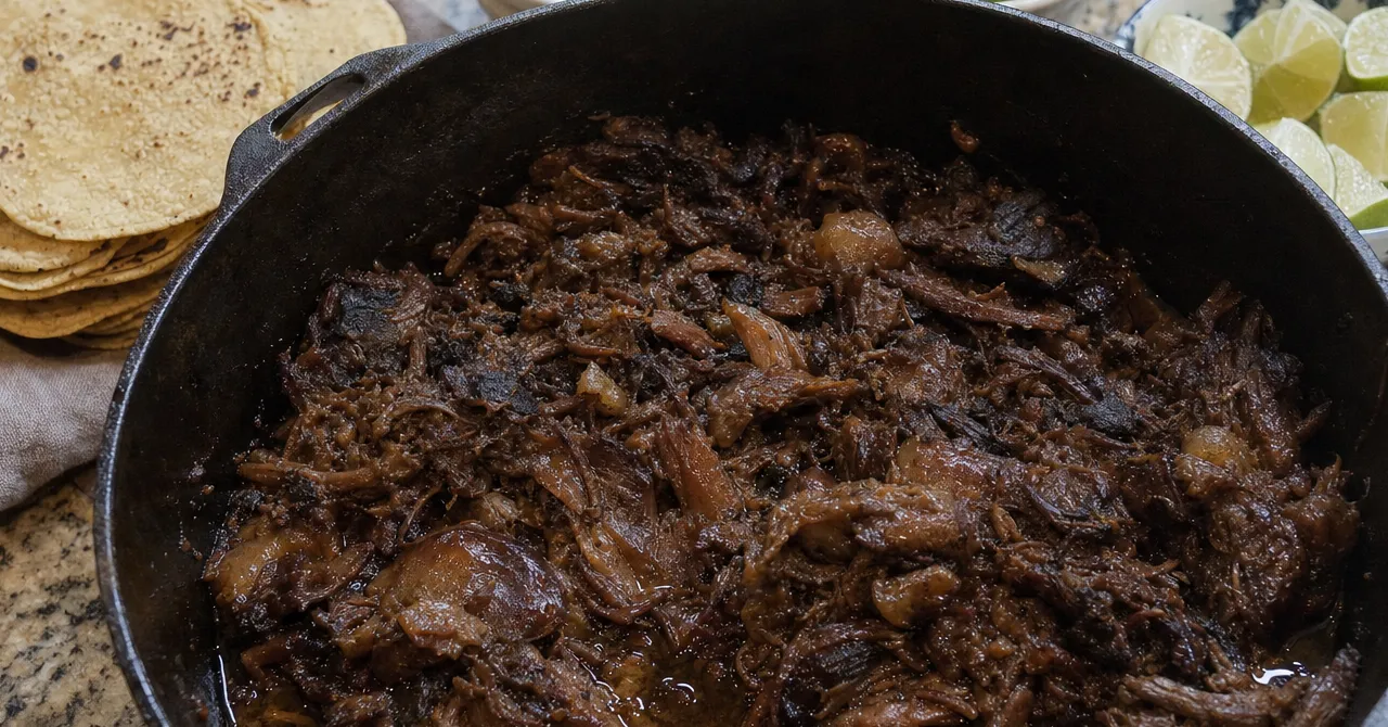黒い鋳鉄のダッチオーブンに入った、ほろほろにほぐした牛ほほ肉のバルバコア。左奥にコーントルティーヤの束、右奥にくし形のライム