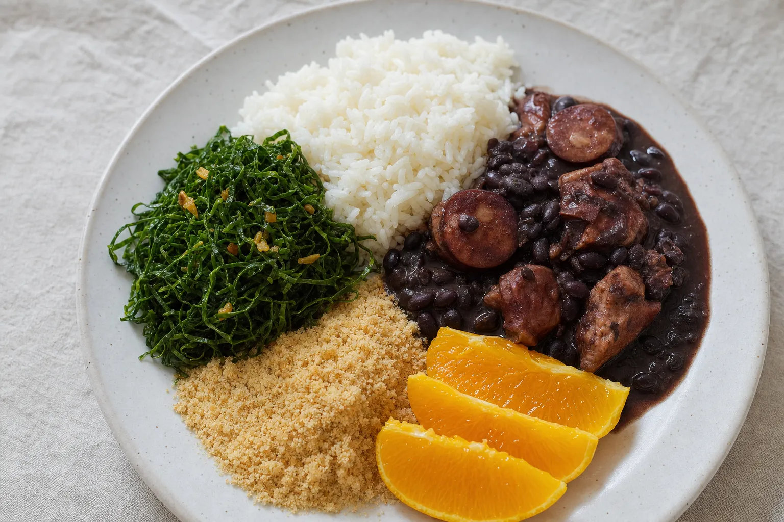 白い皿にご飯、フェイジョアーダ、細切りのケール炒め、ファロファ、くし形のオレンジを盛り合わせた一皿